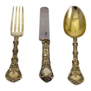 Late 19th Century Demidoff Pattern by Odiot Sterling Silver 3-Piece Gilt Dessert Flatware Set For Sale