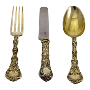Late 19th Century Demidoff Pattern by Odiot Sterling Silver Gilt 3-Piece Dessert Flatware Set