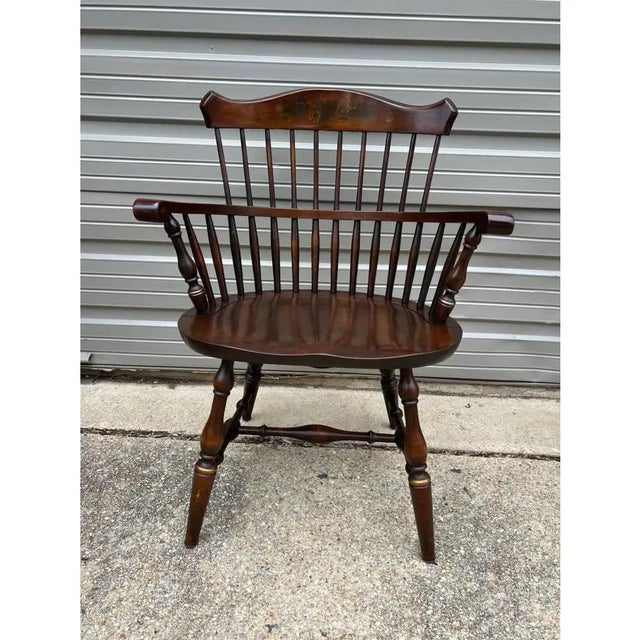 Late 20th Century Pair of Vintage Hitchcock Style Solid Wood Windsor Open Armchairs. For Sale - Image 5 of 12