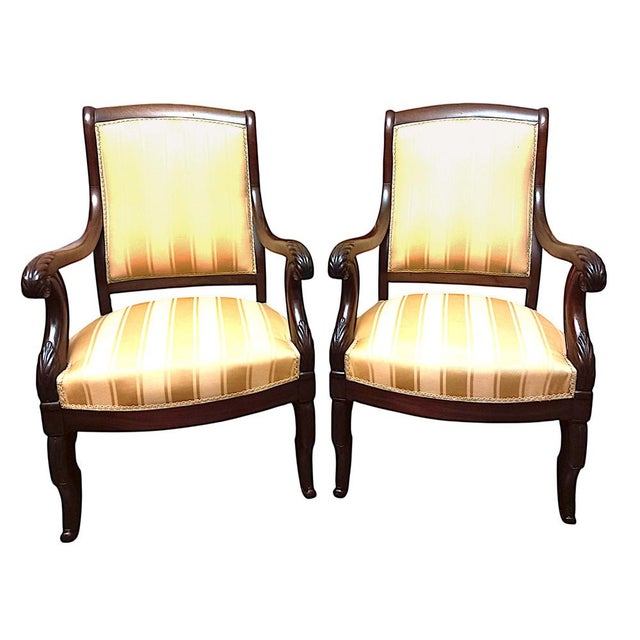 Pair of Restoration period mahogany armchairs. Frames in very good condition. Upholstery recently redone in very good...