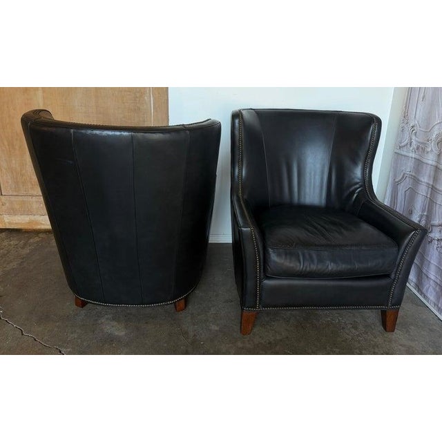 Pair of Thomasville Black Leather Wingback Lounge Chairs For Sale In Los Angeles - Image 6 of 17