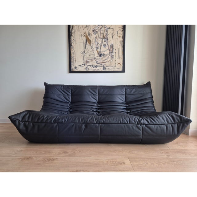 Textile Togo Sofa in Black Leather by Michel Ducaroy for Ligne Roset For Sale - Image 7 of 7