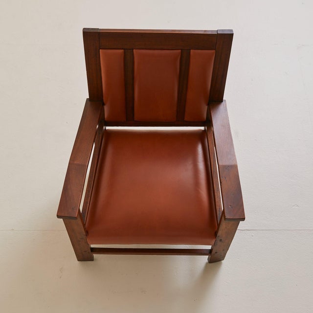 1940s French Colonial Wood + Cognac Leather Armchair, 1944 For Sale - Image 5 of 10