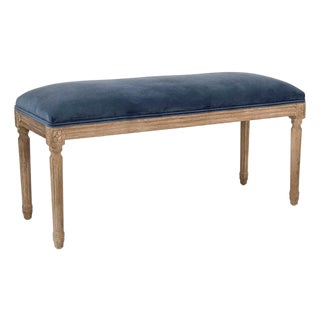 Lille Velvet Bench in Navy Blue Velvet with Natural Oak Frame For Sale