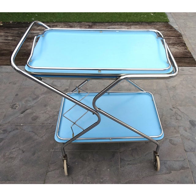 Bleu Formica and Chrome Plated Trolley with Removable Serving Tray from Torck, 1950s, in Very Good conditions. Designed...