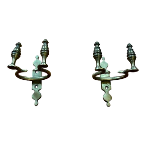 Antique 19th Century American Federal Brass Jamb Hooks With Urn Finials for Holding Fireplace Hearth Tools Mount on the Mantel - a Pair