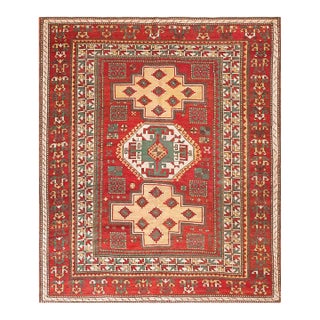 1890s Red Geometric Tribal Caucasian Kazak Fachralo Rug 6'8" X 7'9" Handknotted Wool Carpet For Sale
