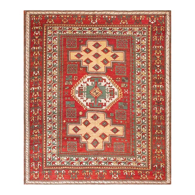 1890s Red Geometric Tribal Caucasian Kazak Fachralo Rug 6'8" X 7'9" Handknotted Wool Carpet For Sale