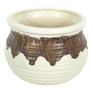 Vintage Handmade Indoor Pottery Planter With Drip Glaze Cream With Brown Purple Glaze For Sale