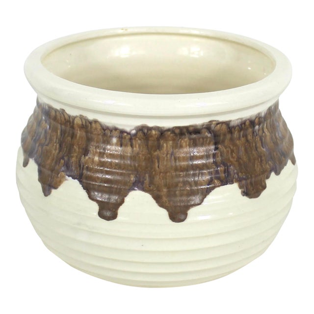 Vintage Handmade Indoor Pottery Planter With Drip Glaze Cream With Brown Purple Glaze For Sale