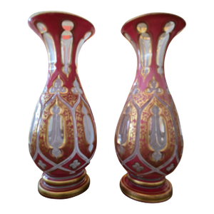 Antique Moser Bohemian Glass Salmon Color Vases- a Pair