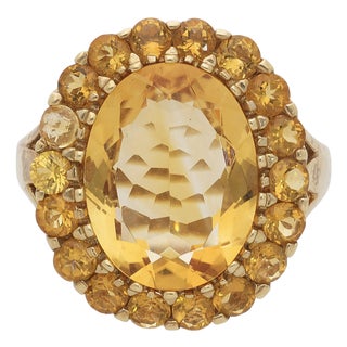 1990s 11 Carat Oval Citrine & Round Citrine Halo 14k Yellow Gold Vintage Cocktail Ring, Size 9.75 For Sale