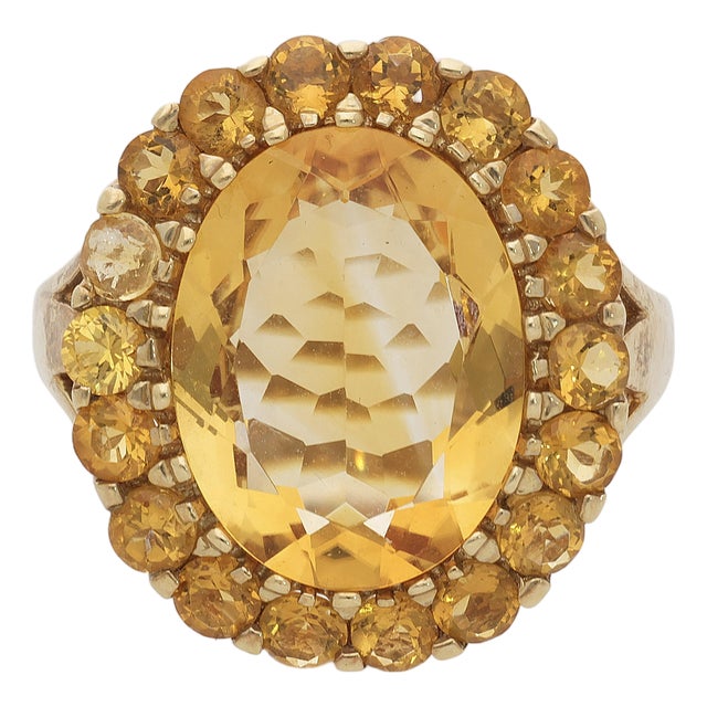 1990s 11 Carat Oval Citrine & Round Citrine Halo 14k Yellow Gold Vintage Cocktail Ring, Size 9.75 For Sale