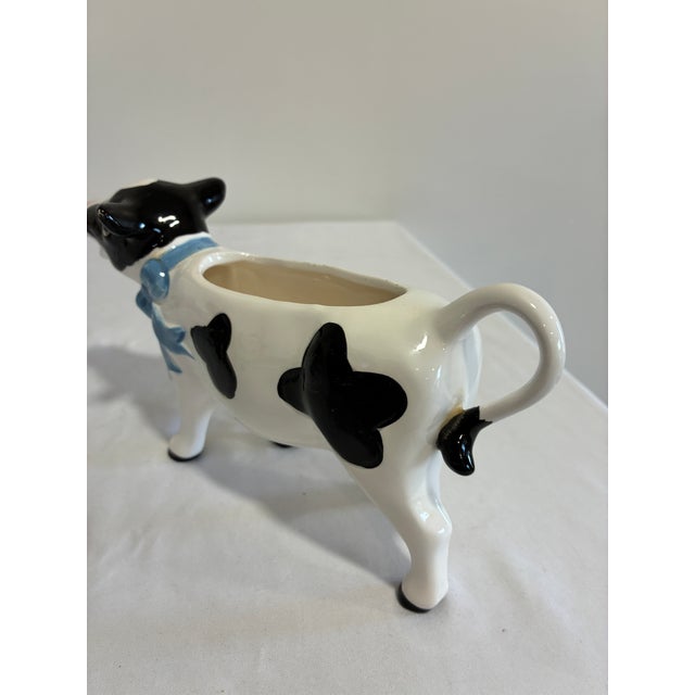 Vintage Ceramic Cow Creamer With Blue Bow For Sale - Image 4 of 9