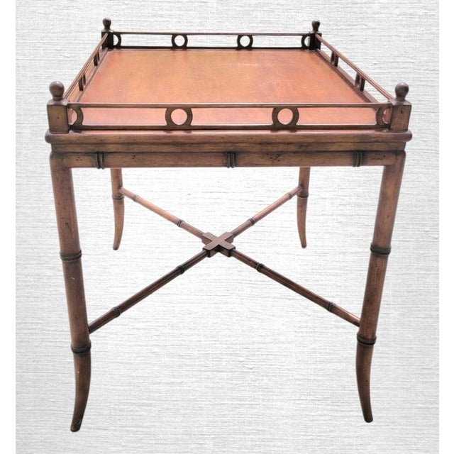 Chippendale Vintage Faux Bamboo Wood Baker Style Detailed Lip Rectangular Regency Side Table For Sale - Image 3 of 7