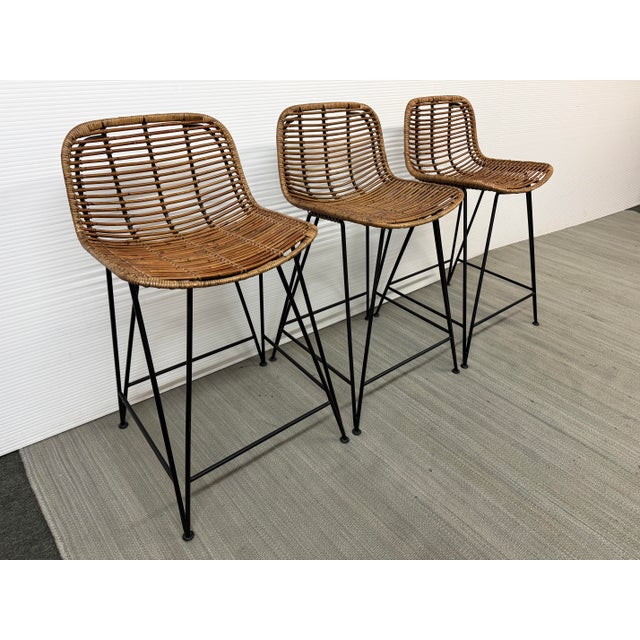 Coastal Palecek Hermosa Rattan in/Outdoor Bar Stools, Set of Three For Sale - Image 3 of 12