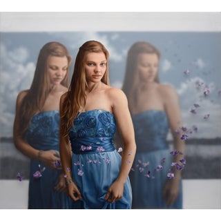 Preoccupation by Beth Sistrunk | Oil on three translucent acrylic panels featuring a woman in a blue dress. For Sale
