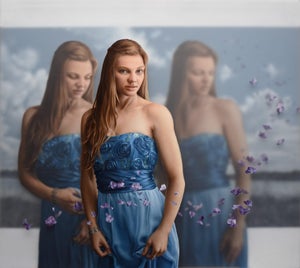 Preoccupation by Beth Sistrunk | Oil on three translucent acrylic panels featuring a woman in a blue dress.