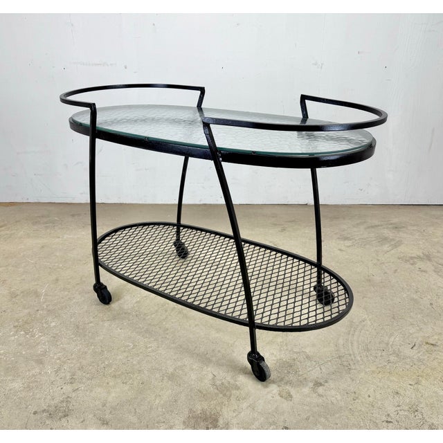 Russell Woodard 1960’s Mid Century Modern Oval Outdoor Wrought Iron “Pinecrest” Bar Cart by Russell Woodard For Sale - Image 4 of 10