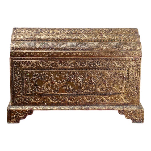 1980s Vintage Burmese Gilt Wood Bejeweled Temple Box For Sale