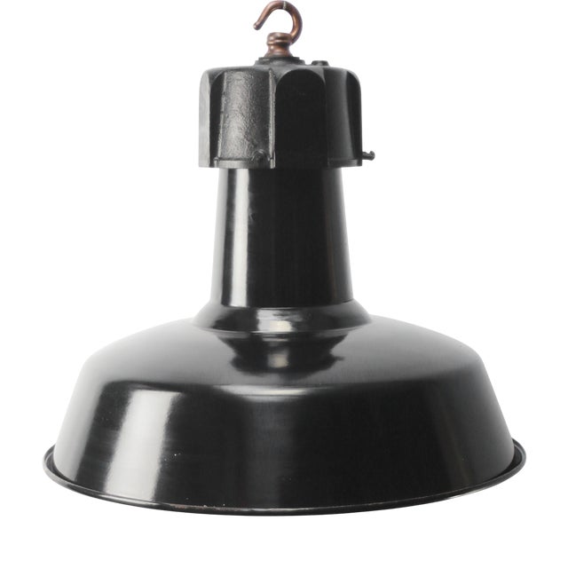 Vintage Factory Pendant Lamp in Black Enamel and Cast Iron by GAL For Sale