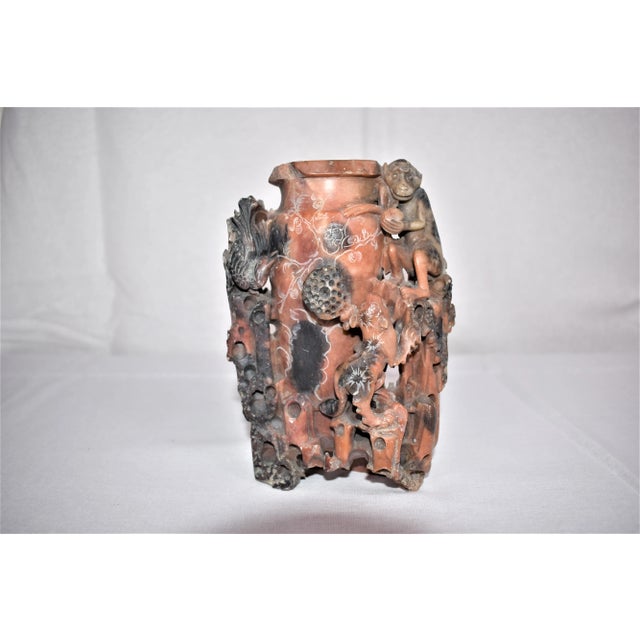 Vintage Chinese soapstone carved vase with moneys and bird. This is a pre-owned item so please see all pictures and ask...