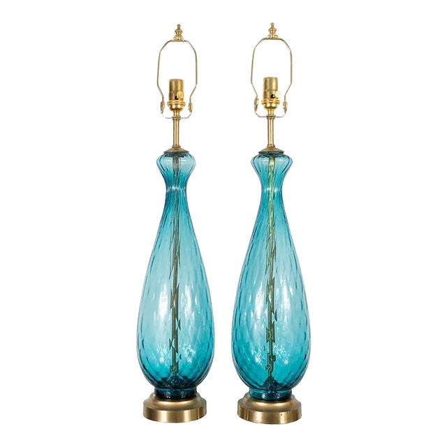 Vintage Pair of Pale Blue Murano Glass Lamps For Sale