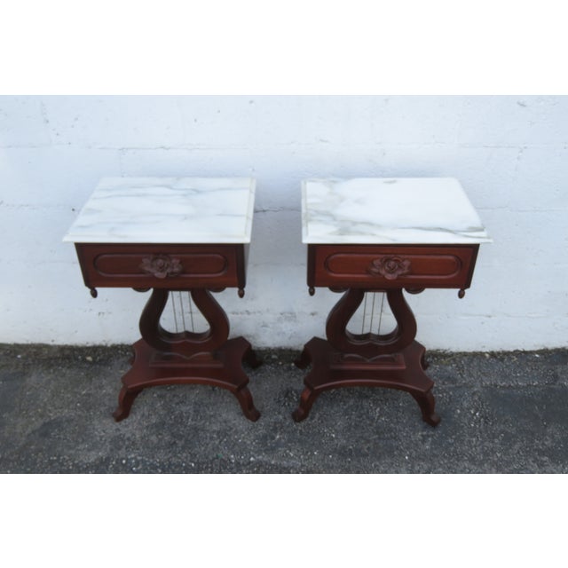 Mid 20th Century Victorian Style Marble Top Harp Design Side End Tables Nightstands a Pair For Sale - Image 15 of 18