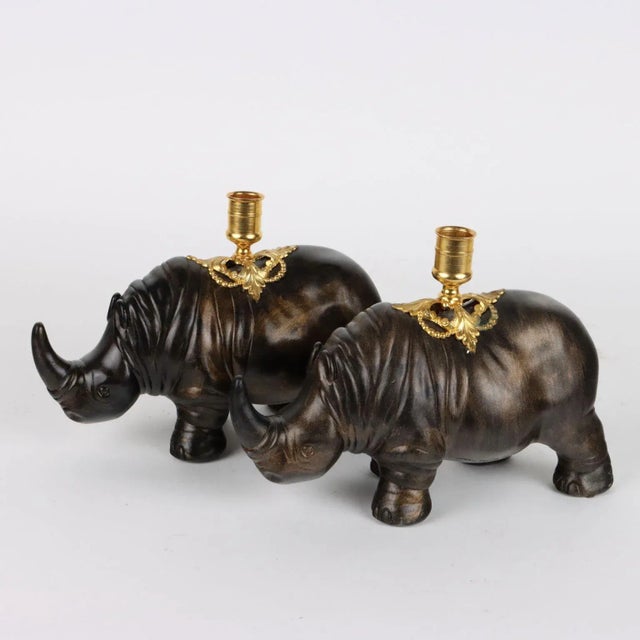 Rhinoceroses Plaster Candleholders by J. Luc Maisiere, 1900s, Set of 2 For Sale - Image 6 of 11