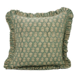 Fabdivine Handcrafted Block Print Frill Cushion Cover Green 20x20 Inch Thick Linen- Tulsi Buti For Sale