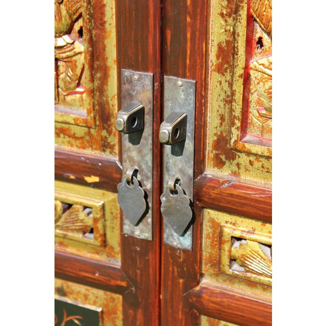 1980s Chinoiserie Cabinet With Carved and Painted Panels For Sale - Image 14 of 17