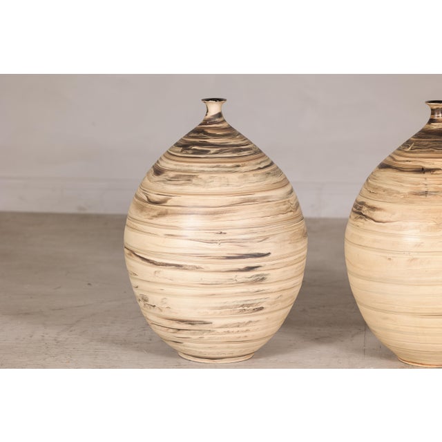 Late 20th Century Large Artisan Ceramic Floor Vases with Cream and Brown Swirled Glaze (Sold Each) For Sale - Image 13 of 18