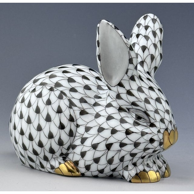 1990s Vintage MCM Herend Sleepy Bunny Rabbit Black Fishnet Figurine For Sale - Image 5 of 5