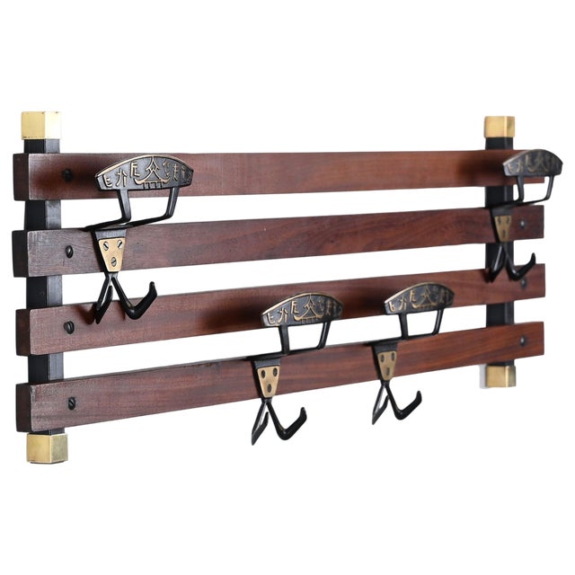Italian Coat Rack in Teak, Brass and Black Enameled Iron, Italy, 1960s For Sale