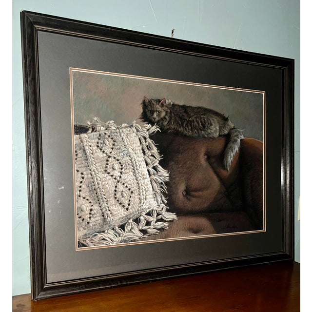 Drawing/Sketching Materials Vintage 1980s Framed Kathleen Cook Pastel of Cat on Sofa For Sale - Image 7 of 14