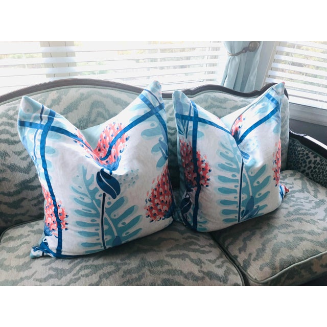 Textile Contemporary Thibaut Triverton Floral Linen Pillow Covers in Coral Royal Blue Aqua - a Pair For Sale - Image 7 of 7