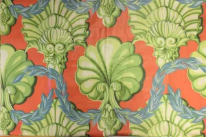 "Celadon, Coral & French Blue Glazed Chintz Scallop Print Fabric"
