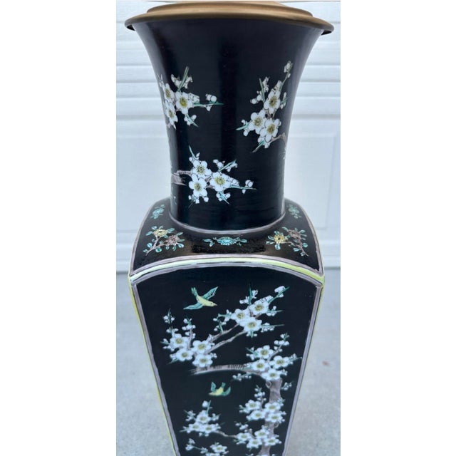 Antique Large Chinese Famille Noire Square Porcelain Vase Table Lamp 36" For Sale - Image 4 of 18