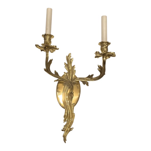 Antique French Empire Double-Arm Wall Sconce Solid Brass Acanthus Leaf For Sale