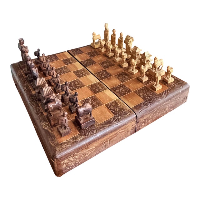 Vintage Chinese Hand-Carved Wood Figural Chess Set With Folding Game Board For Sale