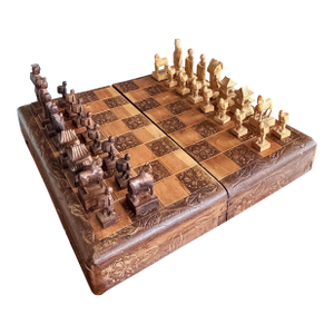 Vintage Chinese Hand-Carved Wood Figural Chess Set With Folding Game Board