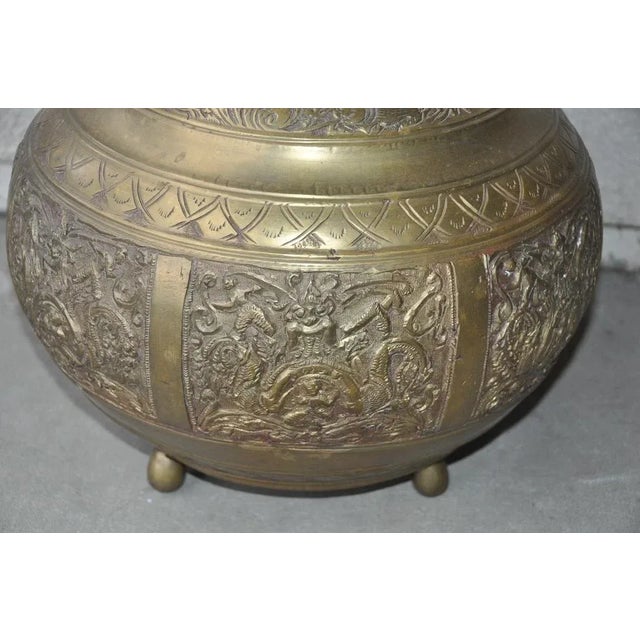Antique Indian or Sri Lankan Brass Ceremonial Temple Water Vessel With Relief Art and Leopard Form Handle For Sale - Image 10 of 12