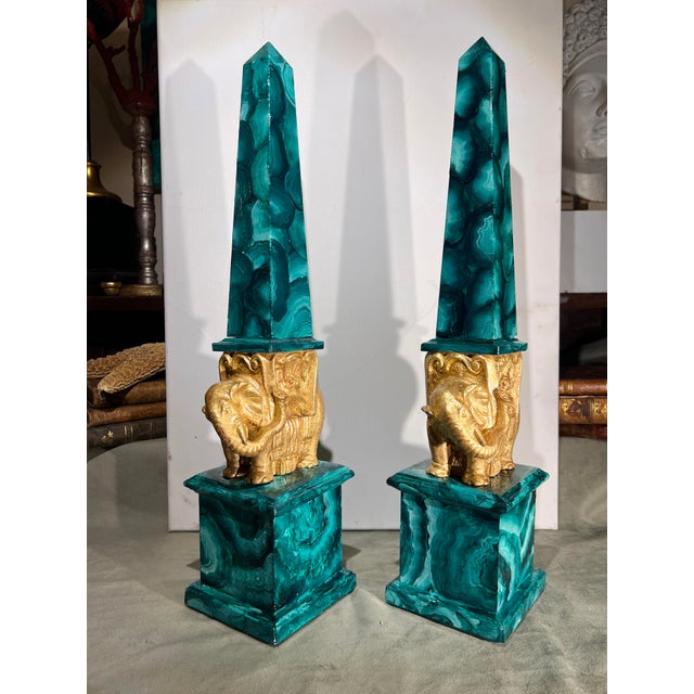 Pair of Grand Tour Faux Malachite Hand Painted & Gilded Obelisks of Minerva For Sale - Image 13 of 13