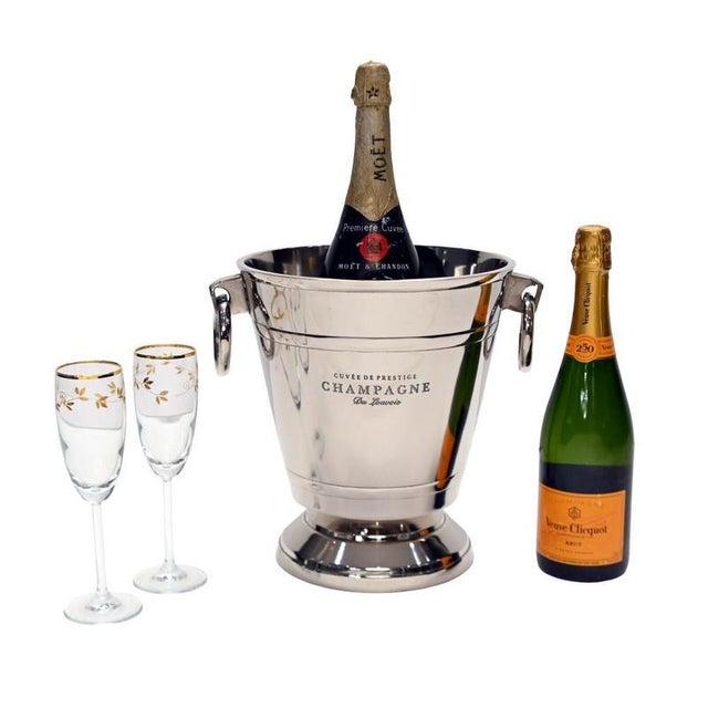Impressive large silver plated champagne cooler or wine bucket Features a highly polished finish with Cuve de Prestige...