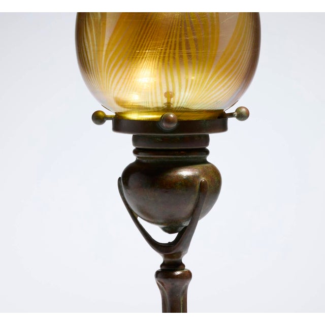 Early 20th Century Antique Tiffany Studios Tripod Candlestick With Feather Favrile Glass Shade For Sale - Image 5 of 10