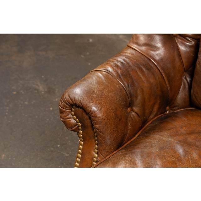 Animal Skin Vintage Tufted Leather Highback Armchair With Lumbar Pillow in Brown For Sale - Image 7 of 11