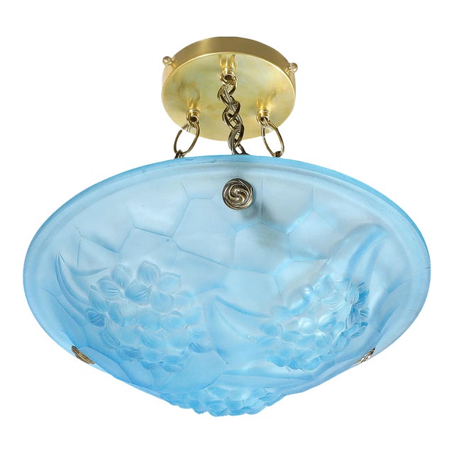 Art Deco Frosted Blue Glass Chandelier W/ Brass Fittings Signed Roc by Degué For Sale
