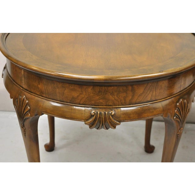 Vintage Baker English Queen Anne Style Burl Walnut Round Lamp End Tables - Pair For Sale - Image 12 of 12