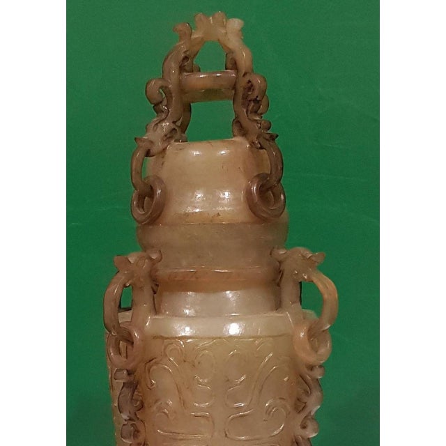 Chinese Green Jade Censer with Wooden Base Friezed with Decorations, 1920s For Sale - Image 3 of 5