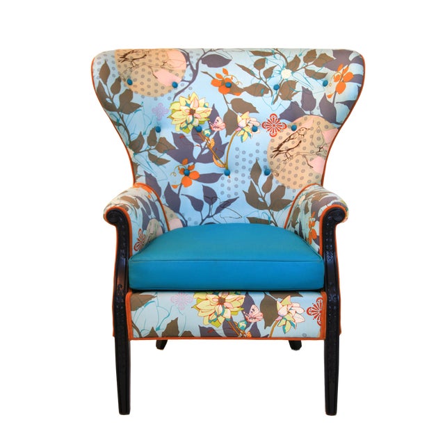 1960s Vintage Baby Blue Floral Wingback Accent Chair For Sale
